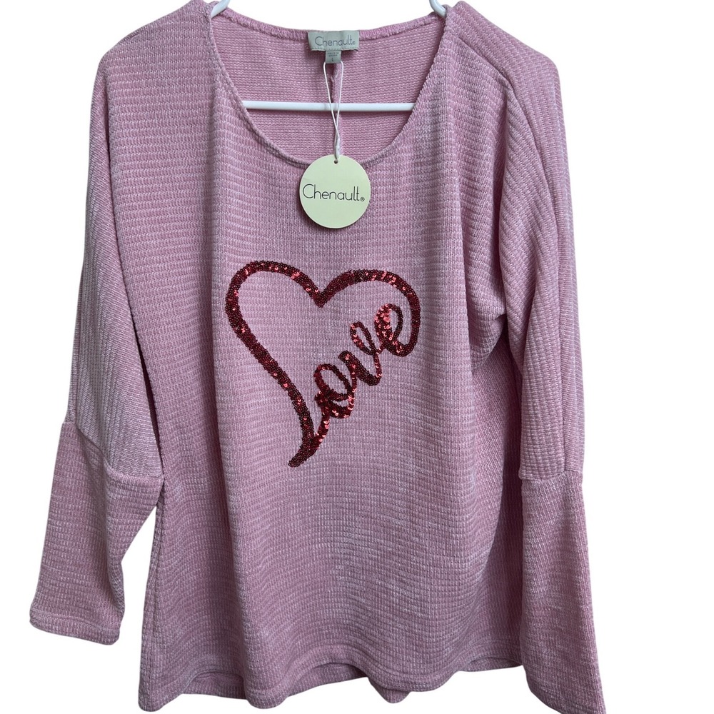 Chenault Pink Waffle Knit Sequin Heart Love Sweater NWT Womens L Valentines Gift